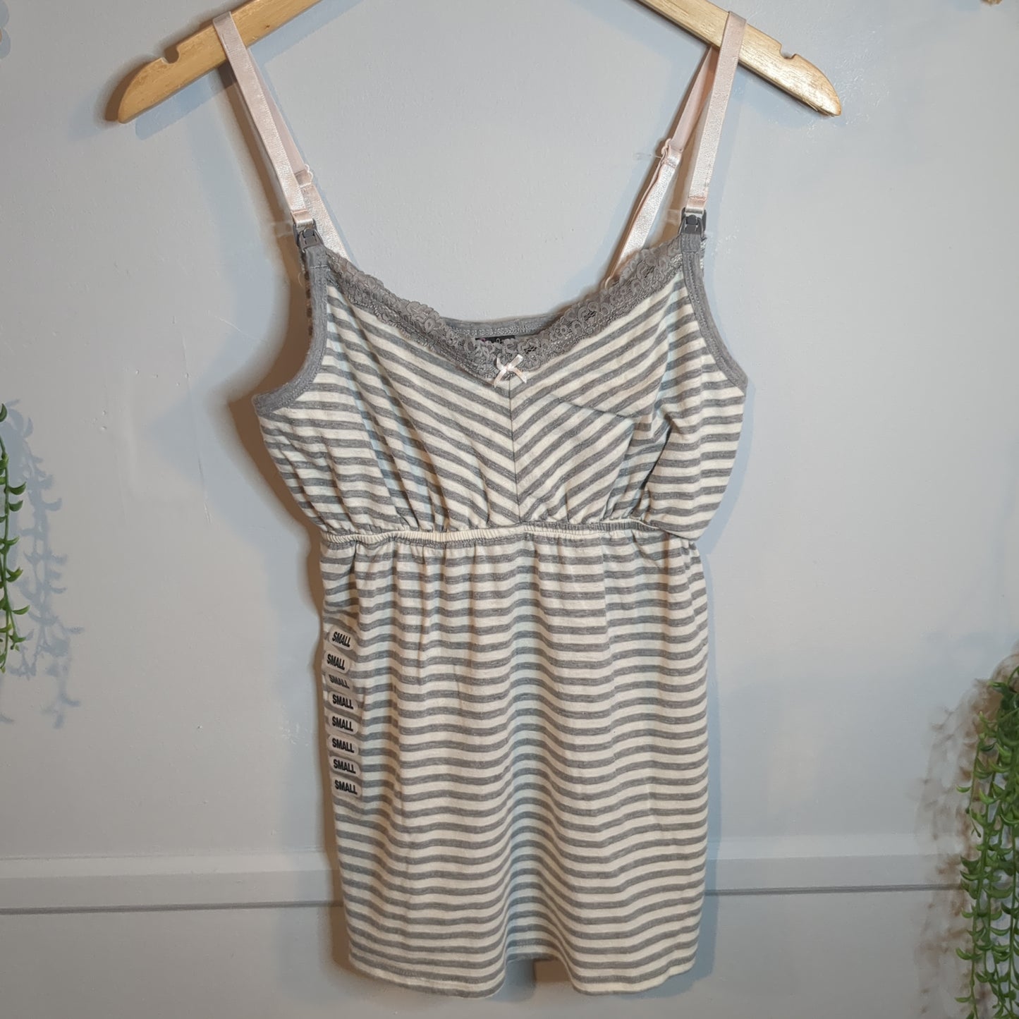 Cinched waist lace clasp strap cami, Grey stripes -NF