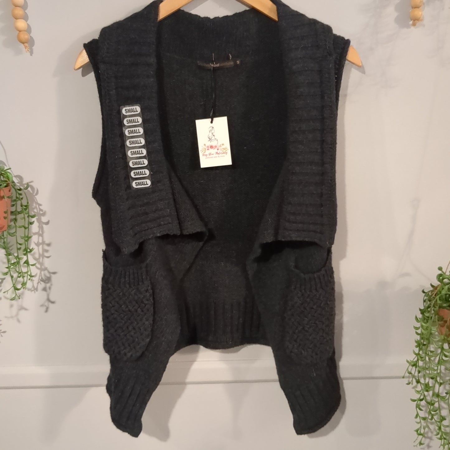 Open front pocket wool tank cardigan, Dark grey -NF