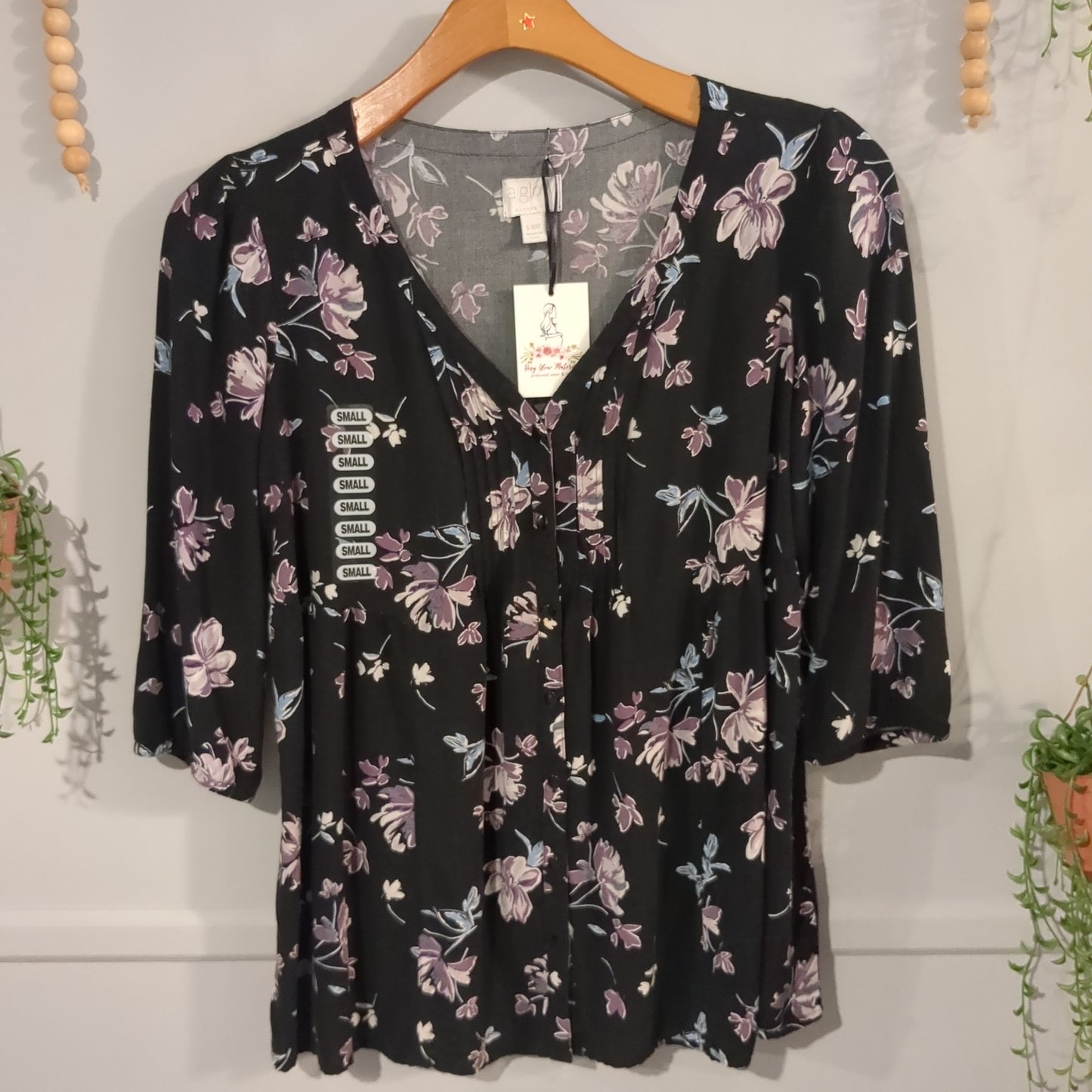 Front pleated floral 3/4 blouse, Black -NF