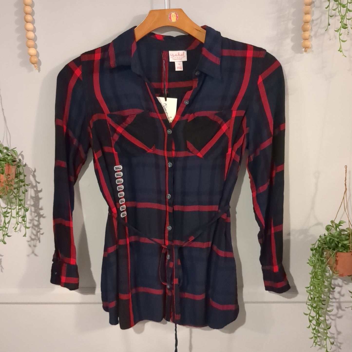 Plaid tied waist LS button down, Navy -NF
