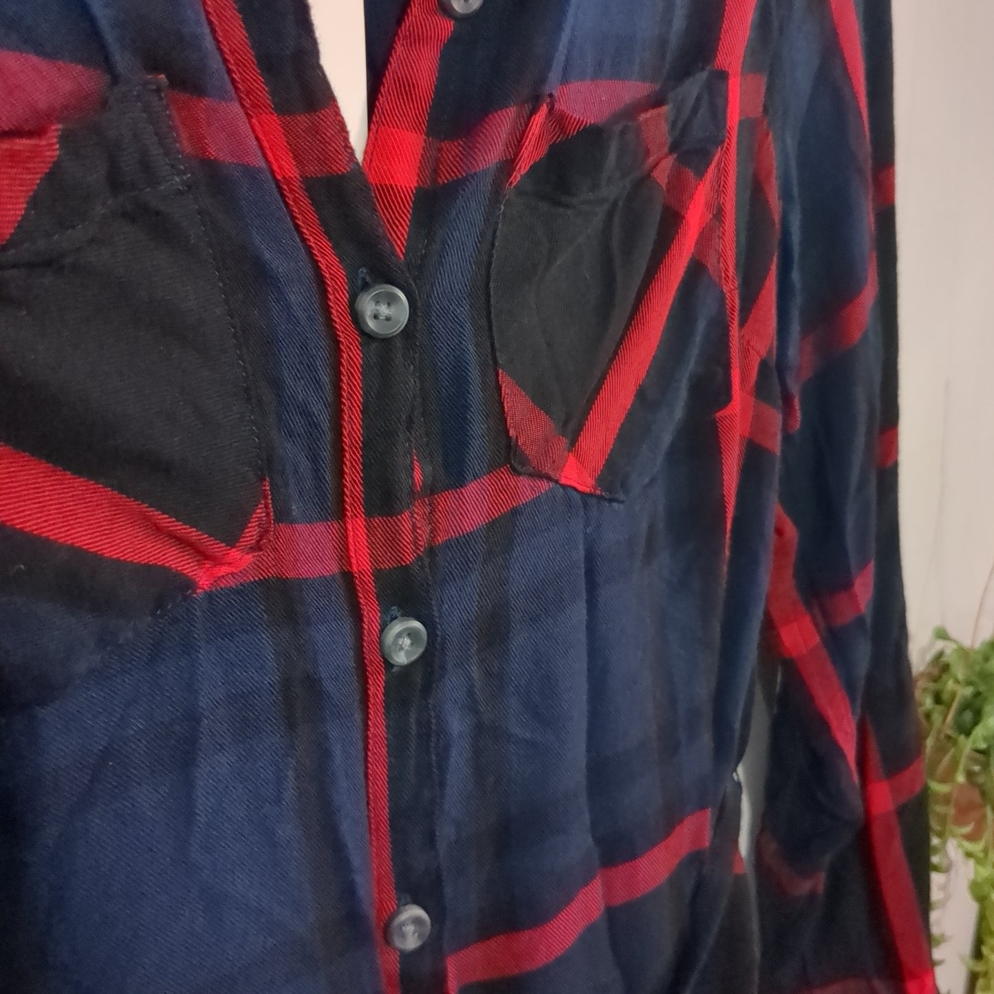 Plaid tied waist LS button down, Navy -NF