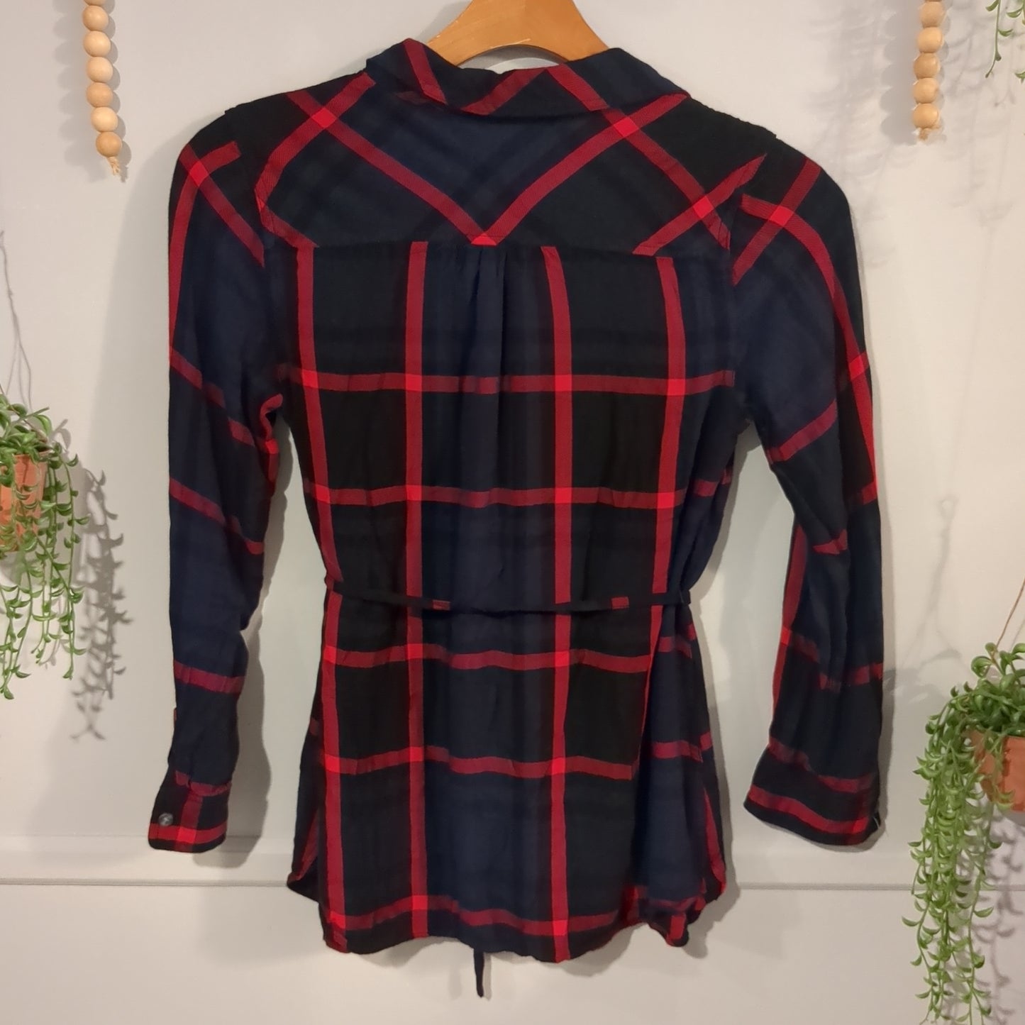 Plaid tied waist LS button down, Navy -NF