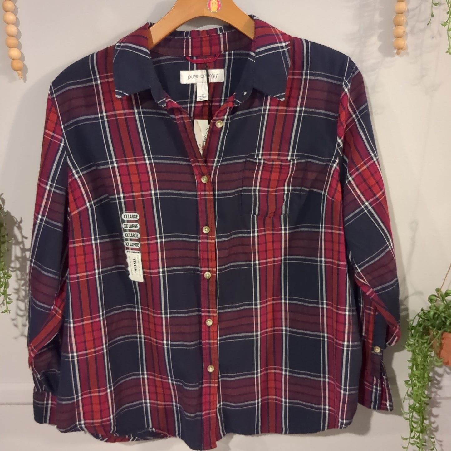 Boxy plaid LS button down, Navy -NF