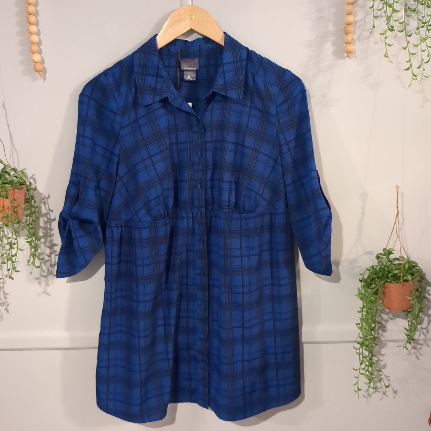 Classic cinched waist 3/4 button down blouse, Blue plaid -NF