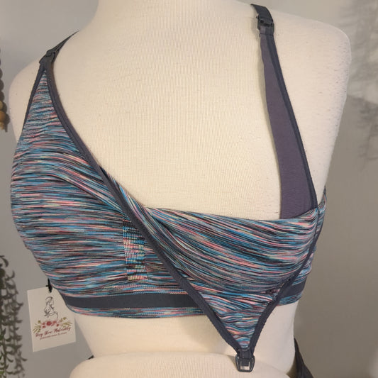 Clasp strap rear X lightly lined stretchy nursing bra, Grey rainbow