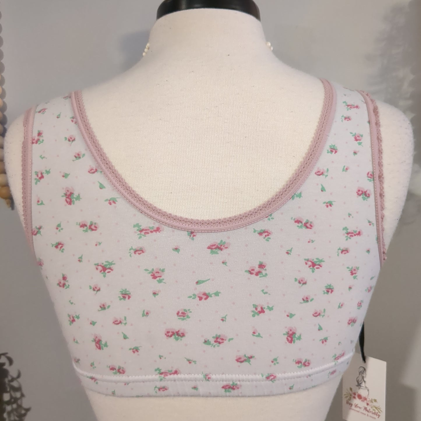 Criss-cross lace trim lounging nursing bra, White florals