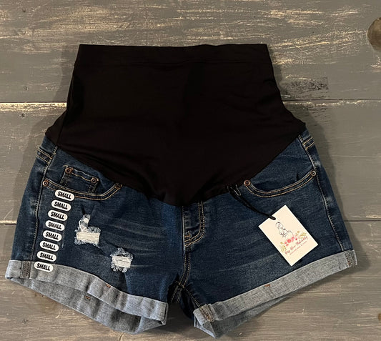 Full panel distressed 3" cuffed hem shorts, Dark wash