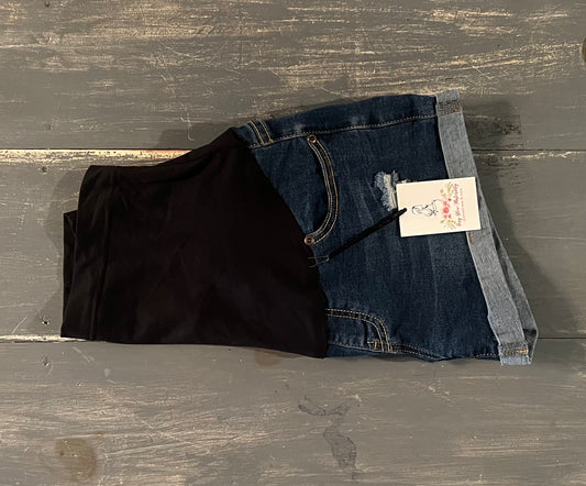 Full panel distressed 3" cuffed hem shorts, Dark wash