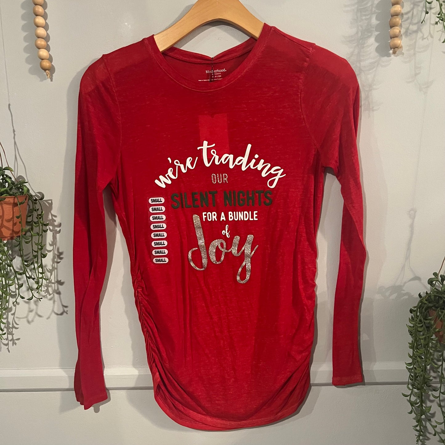 'We're trading our silent nights for a bundle of joy' LS graphic tee, Red