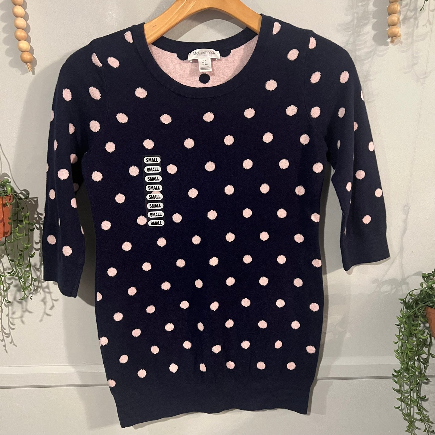 Fitted round neck 3/4 sleeve sweater, Navy dots