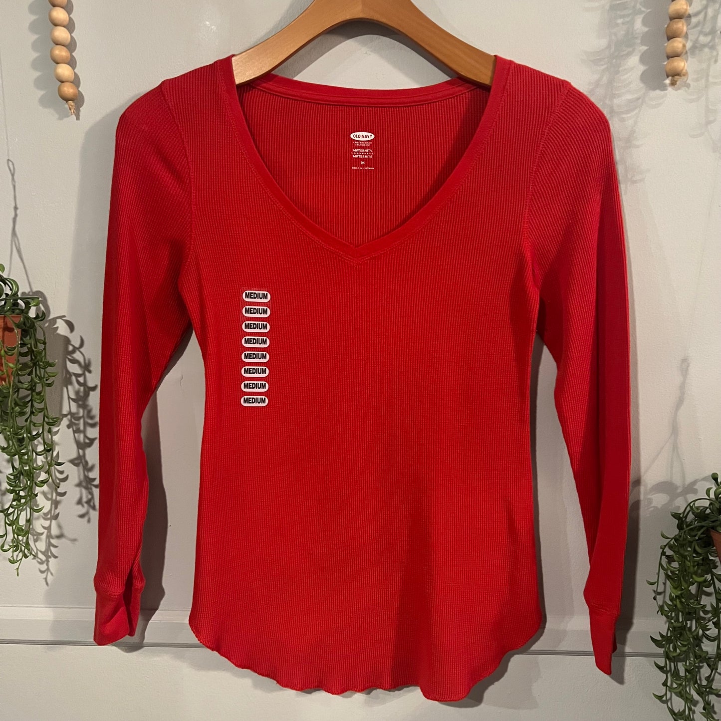 Waffle knit V-neck LS tee, Red