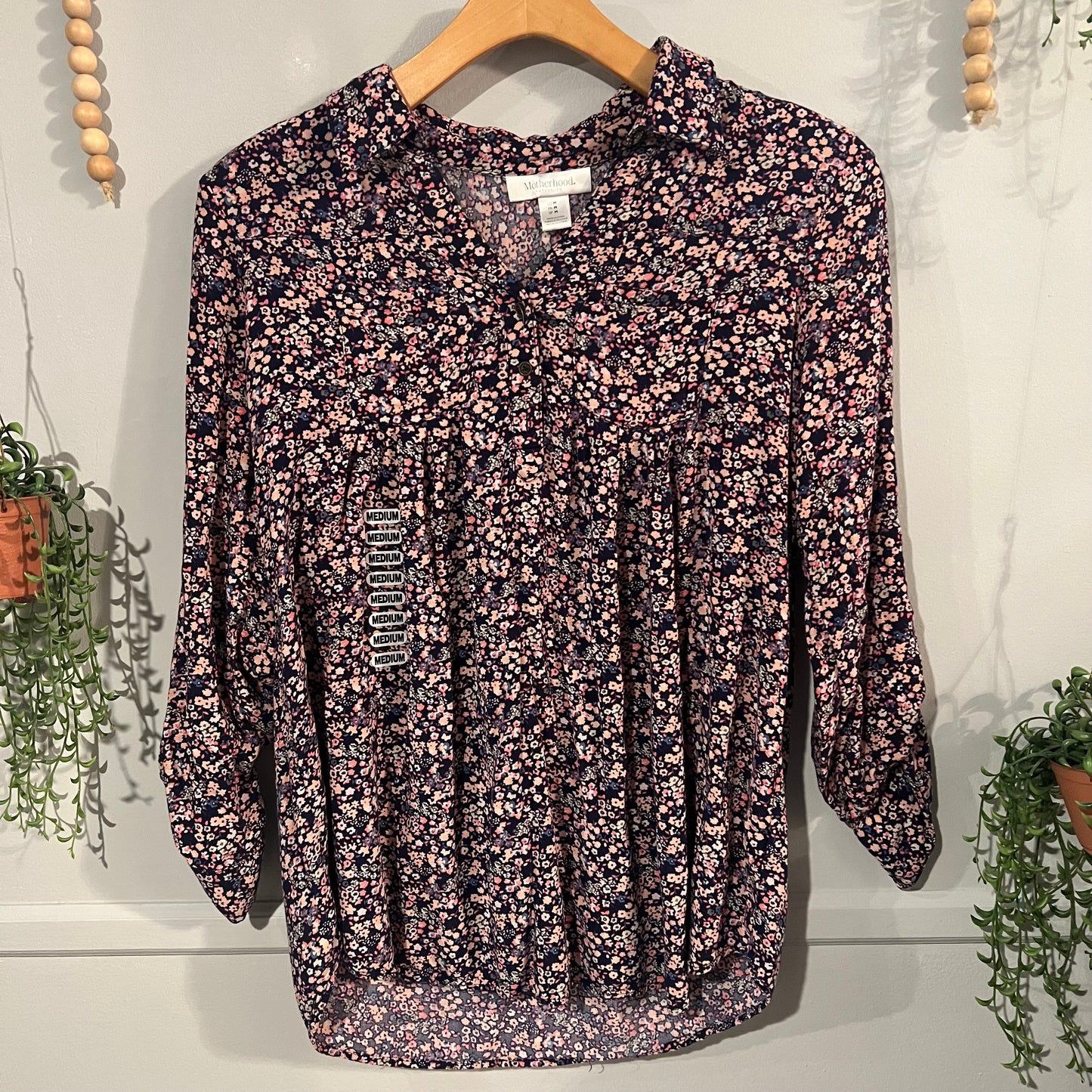 Quarter button LS blouse w/ pockets, Multi