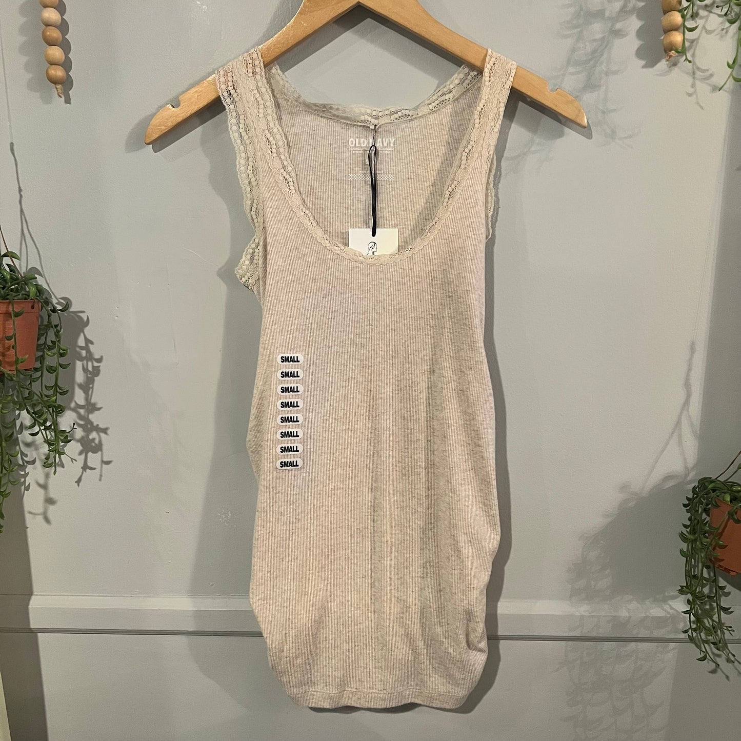 Lace trim ribbed knit scoop neck tank, Oatmeal