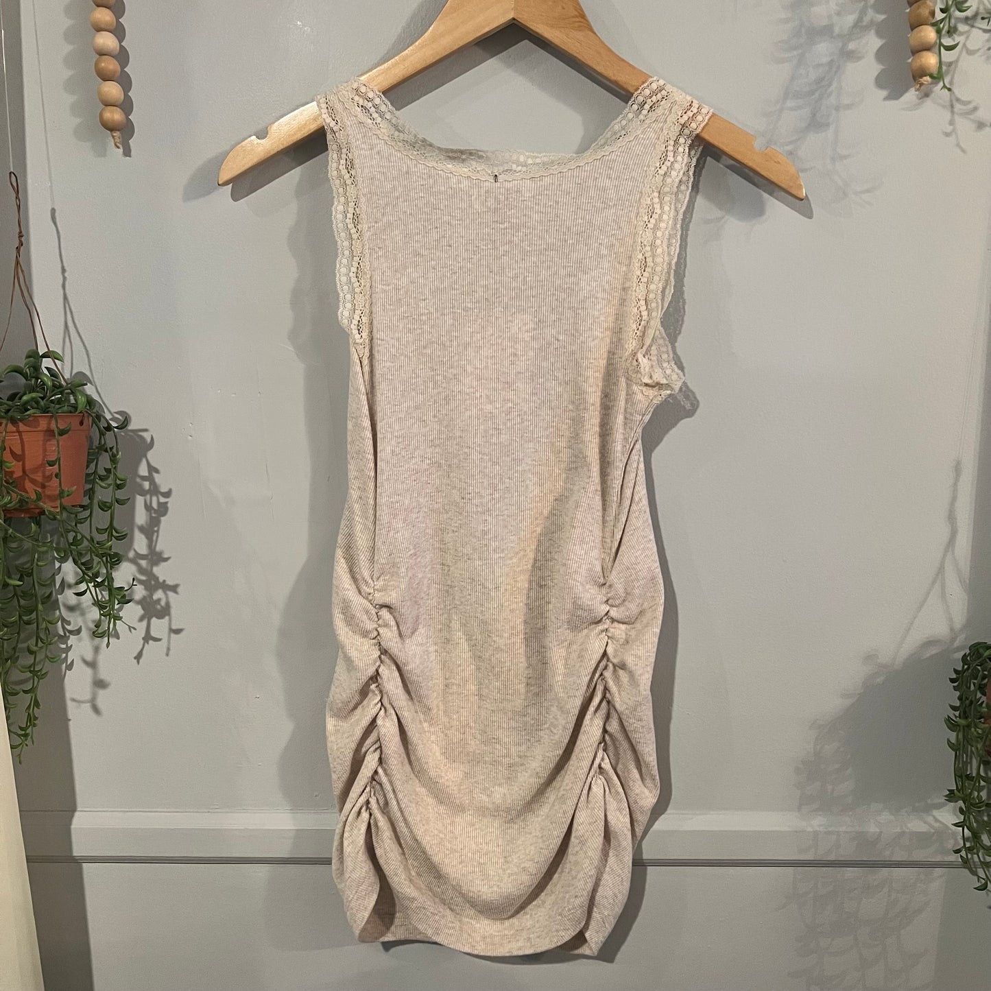 Lace trim ribbed knit scoop neck tank, Oatmeal