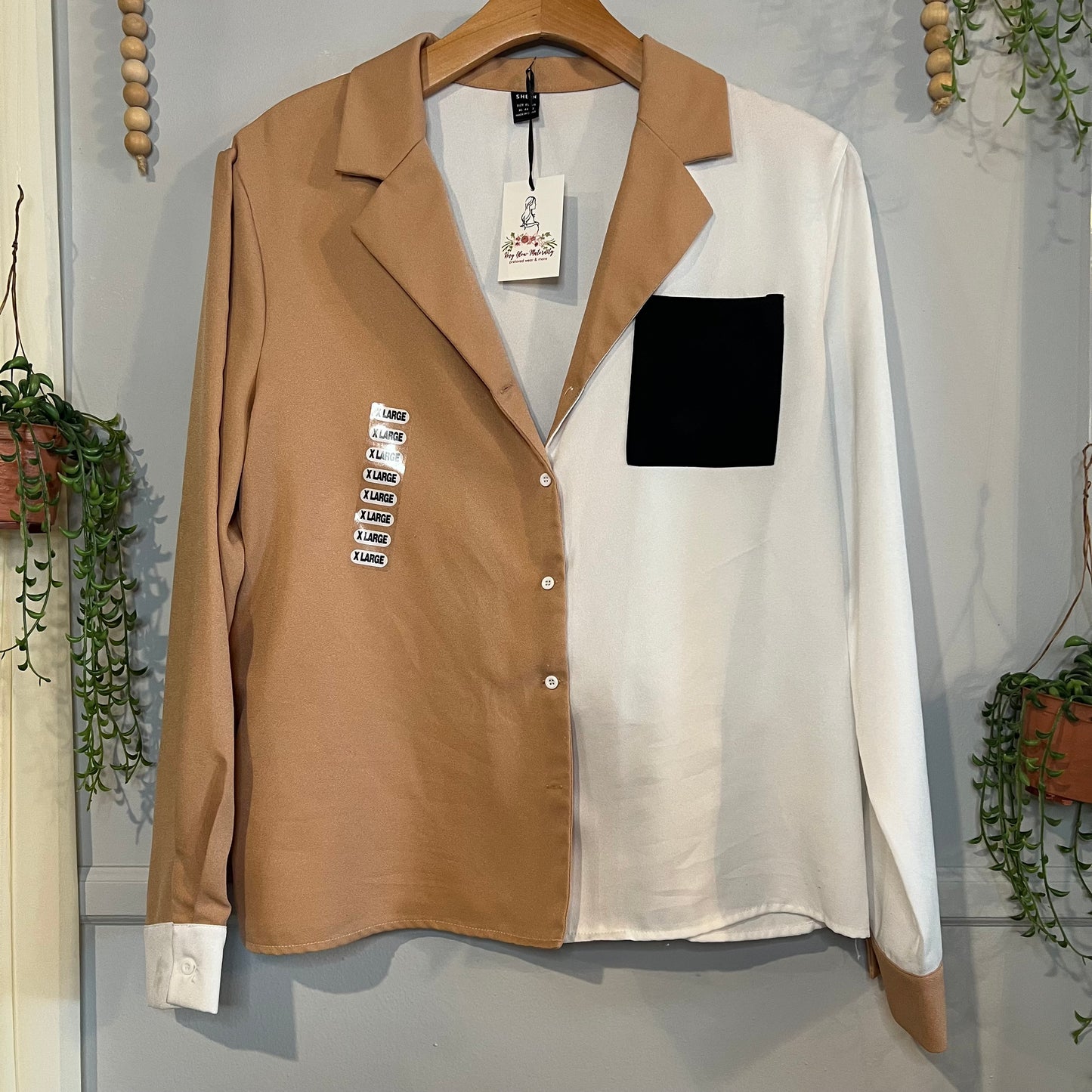 Color block LS button down blouse
