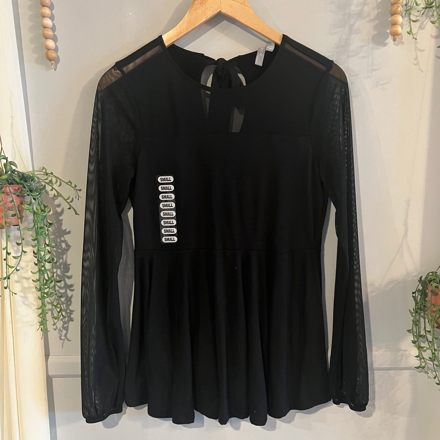 Sheer sleeved round neck blouse, Black
