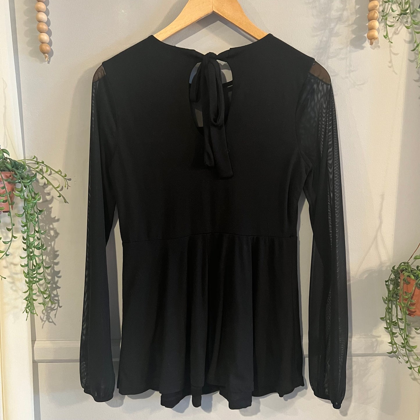 Sheer sleeved round neck blouse, Black