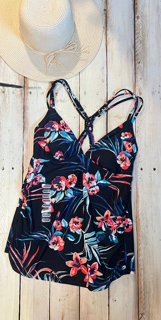 Strappy tankini floral swimsuit top, Black