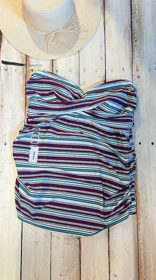 Strapless tankini striped swimsuit top, Burgundy