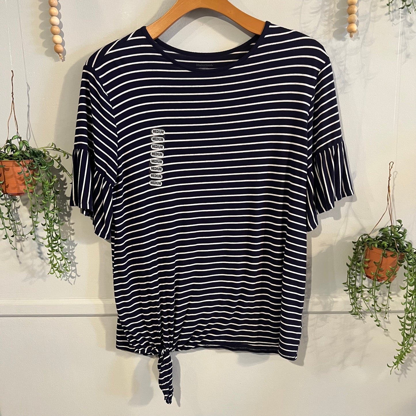 Striped boxy flutter sleeve top, Navy