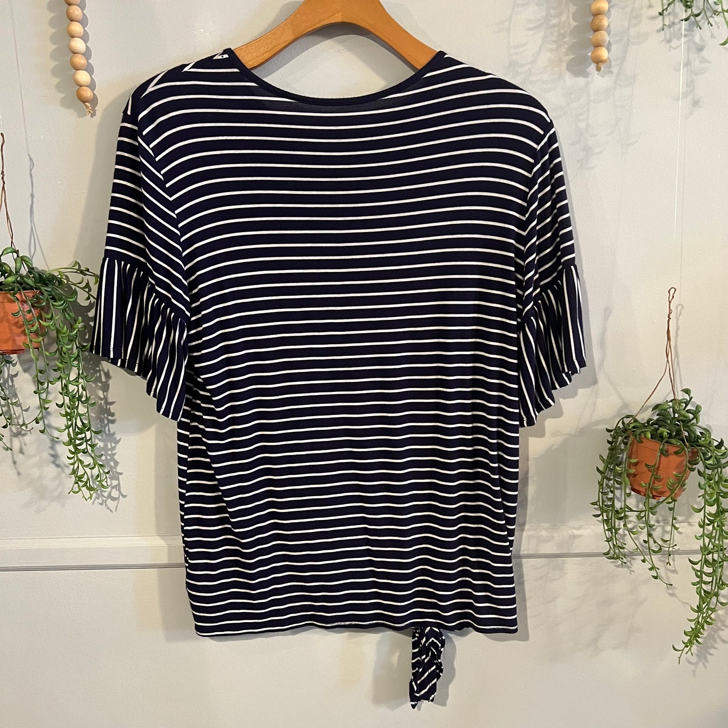 Striped boxy flutter sleeve top, Navy