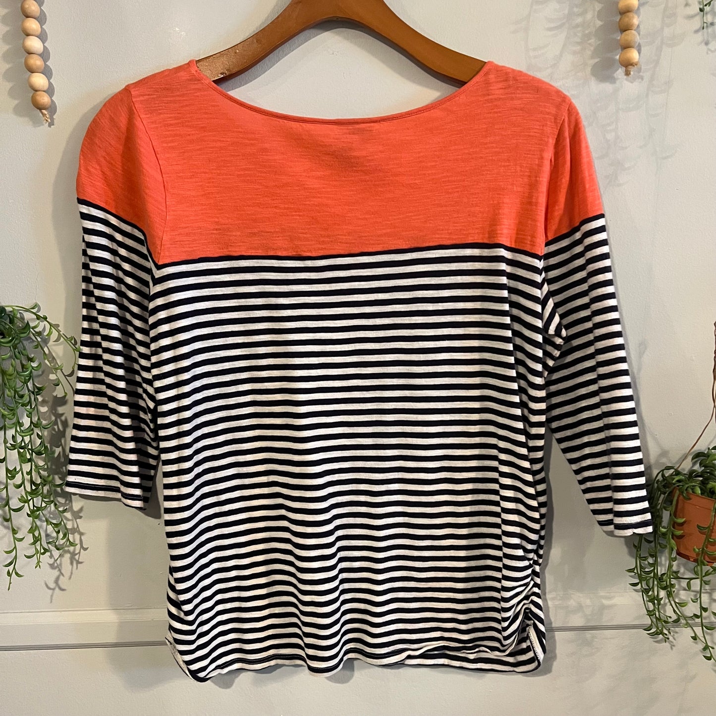 Classic striped round neck fitted LS tee, Coral