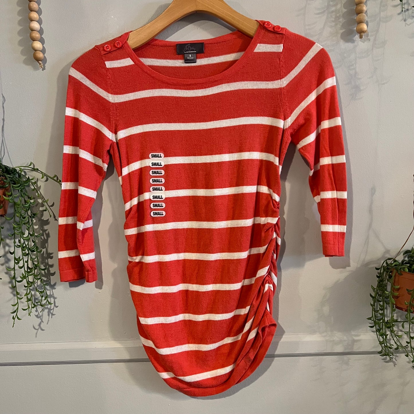 Faux button accents lightweight LS sweater, Coral