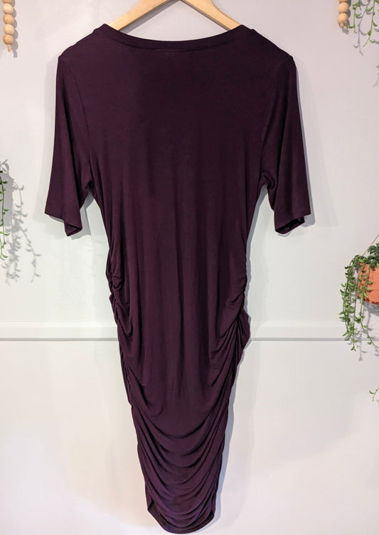 Fitted scoop neck SS midi dress, Eggplant
