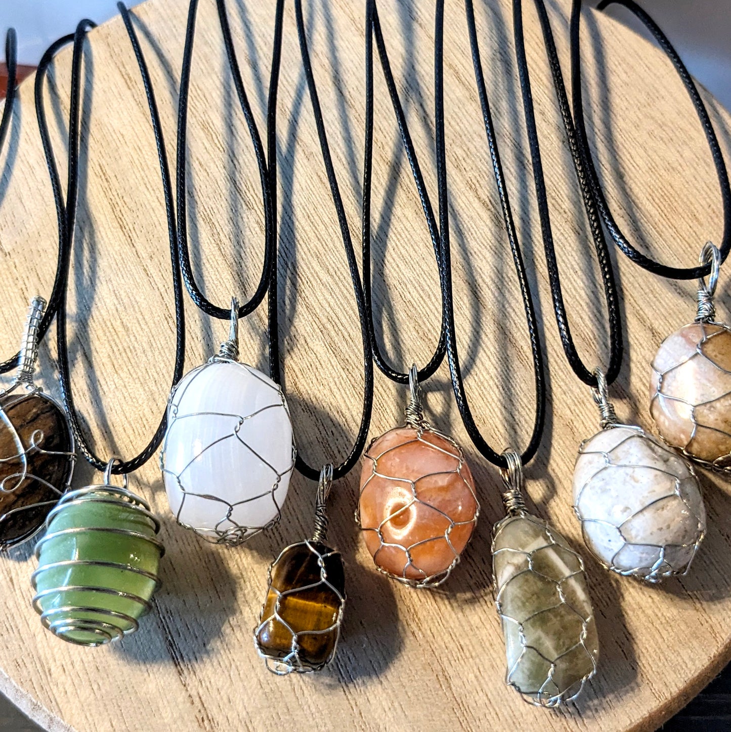Handmade wire-wrapped stone necklace, Asst'd