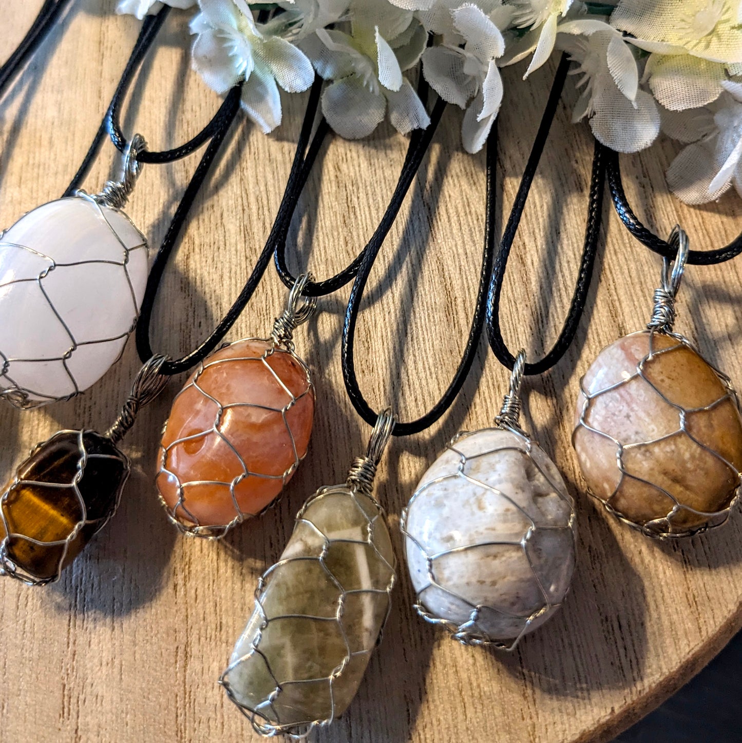 Handmade wire-wrapped stone necklace, Asst'd
