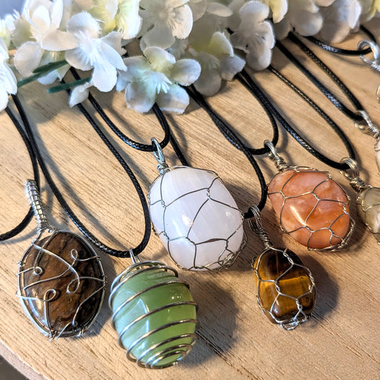 Handmade wire-wrapped stone necklace, Asst'd