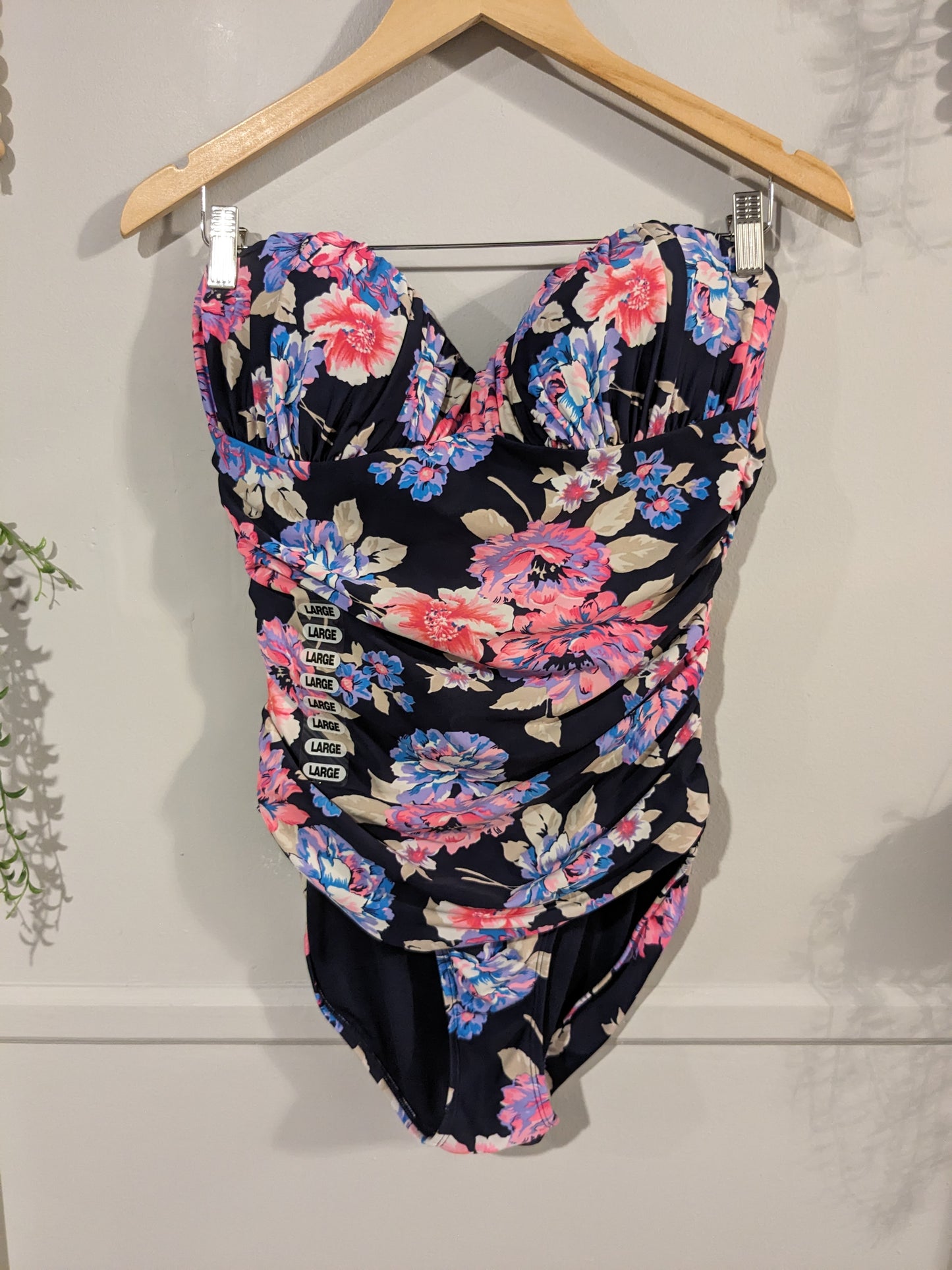 Strapless florals one-piece swimsuit, Navy