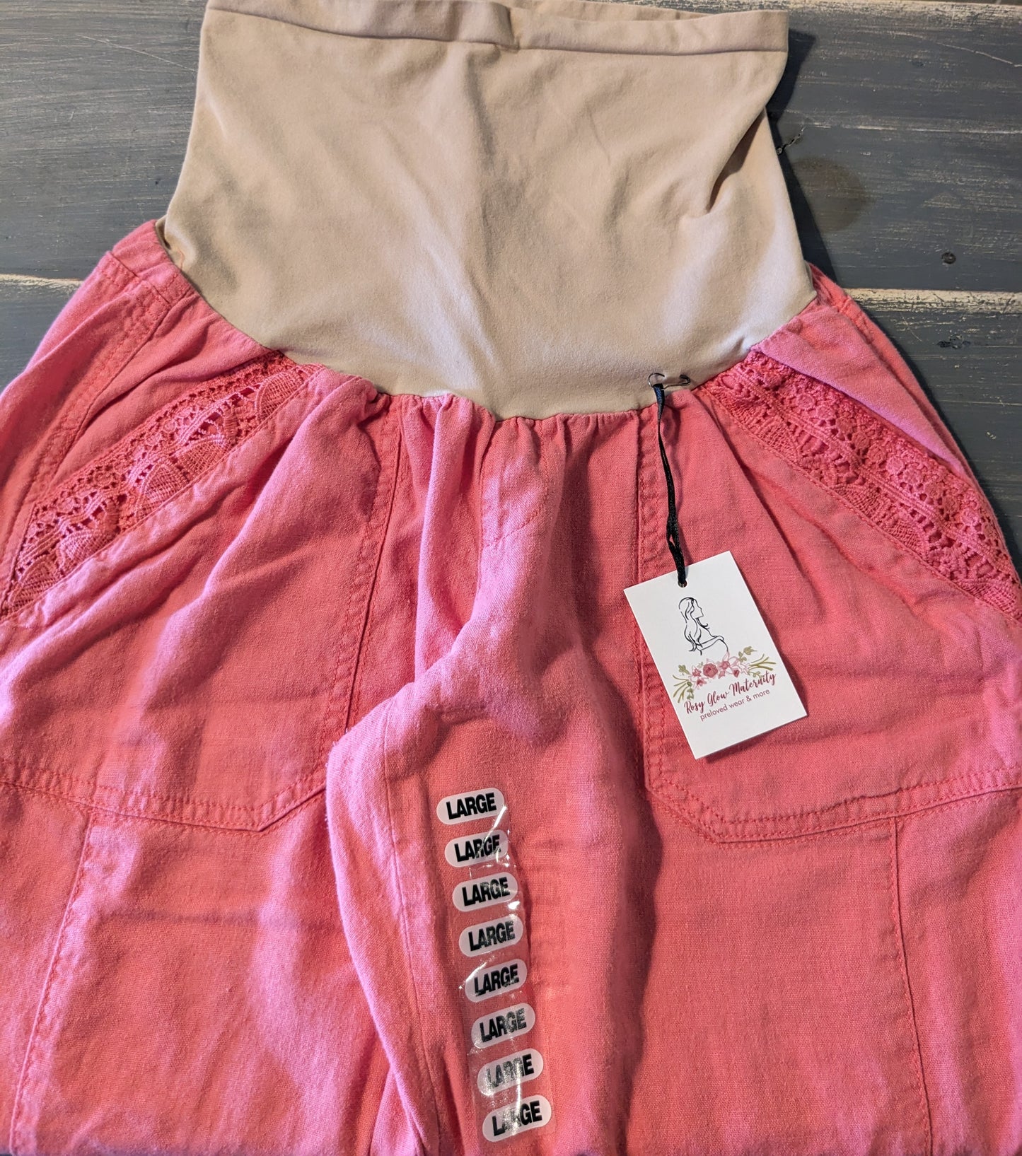 Full panel 28" crochet trim linen pants, Salmon