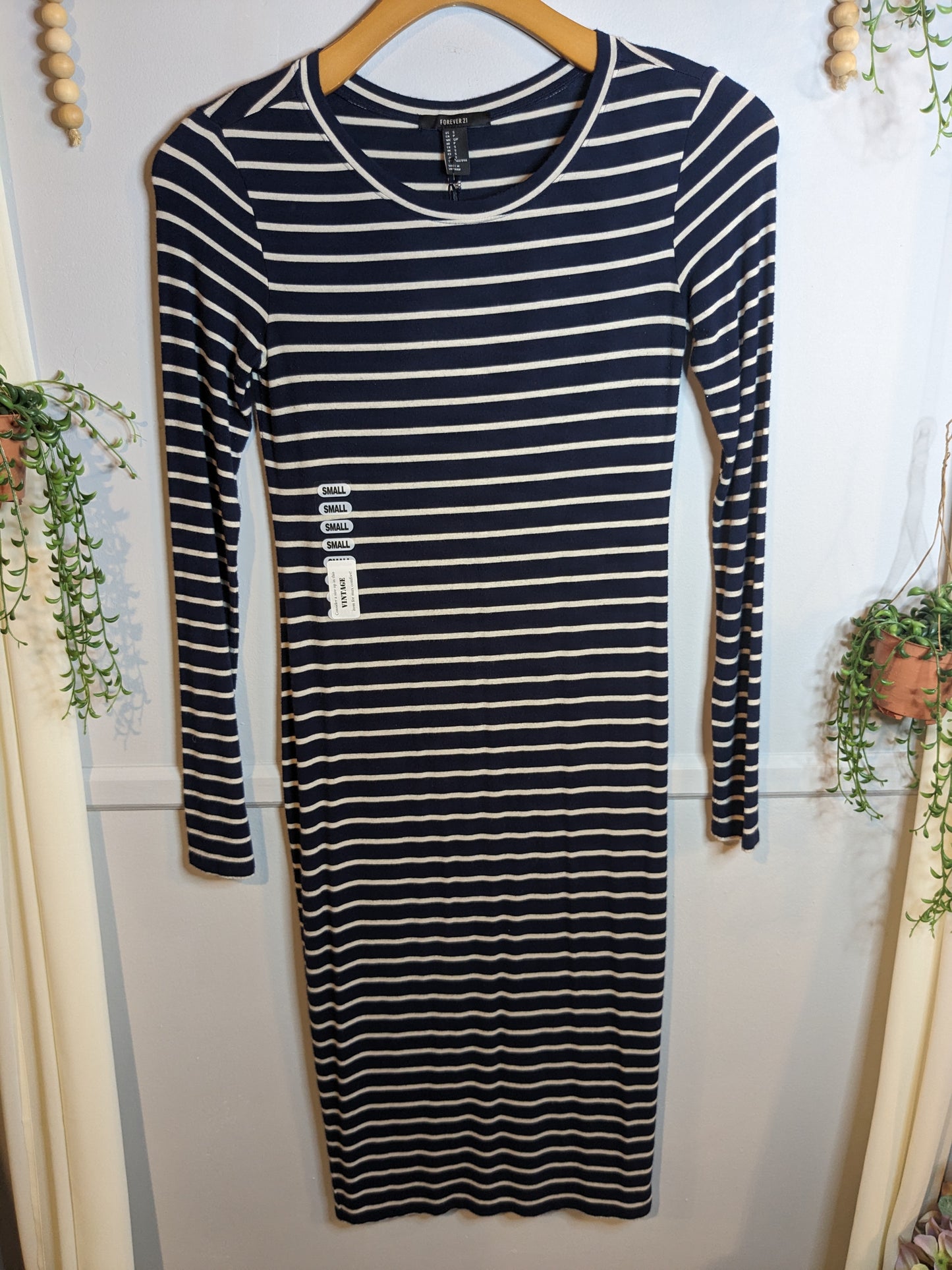 Fitted round neck LS midi dress, Navy stripes