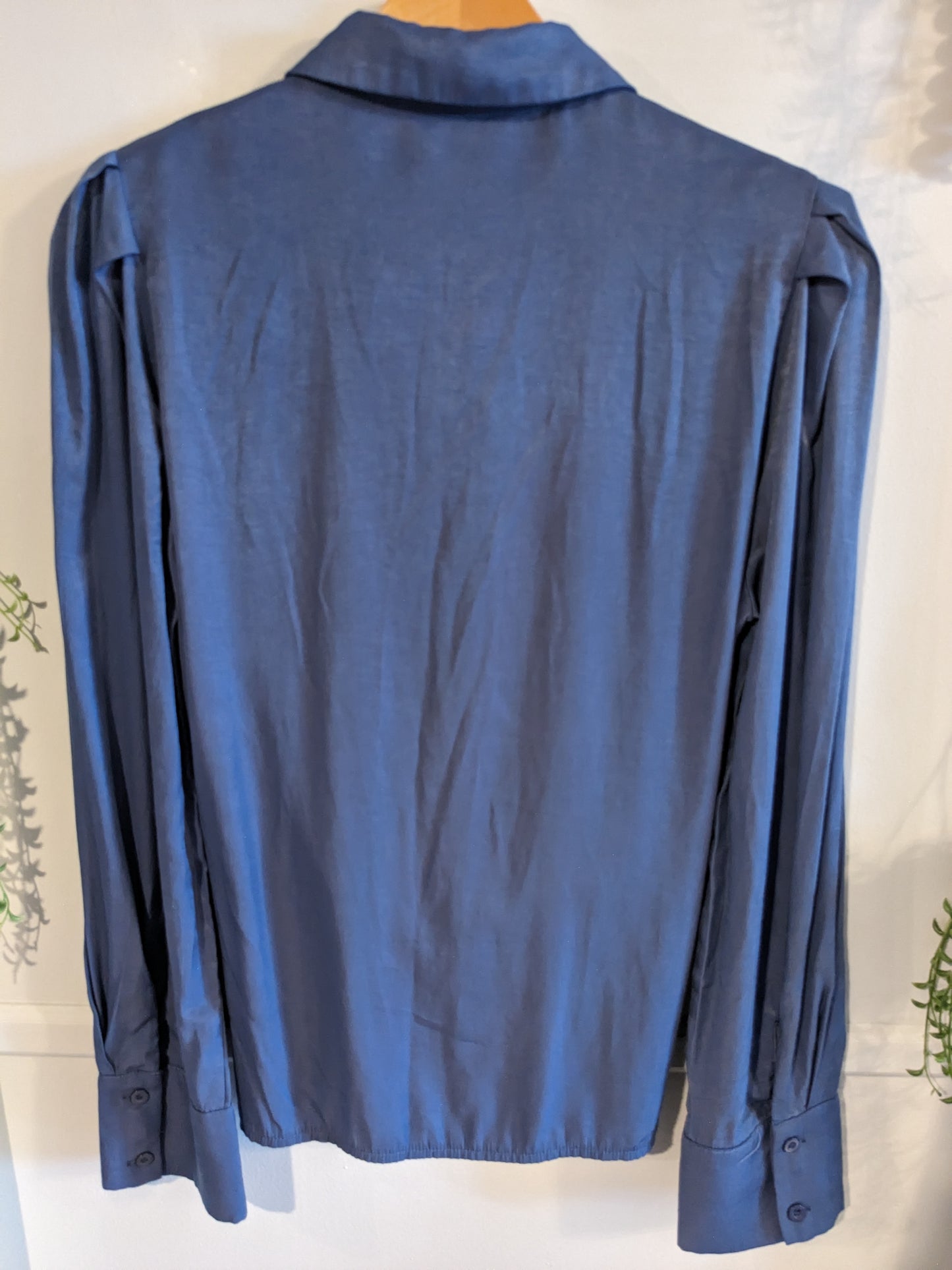 Tied neck pleated LS blouse, Dusty blue