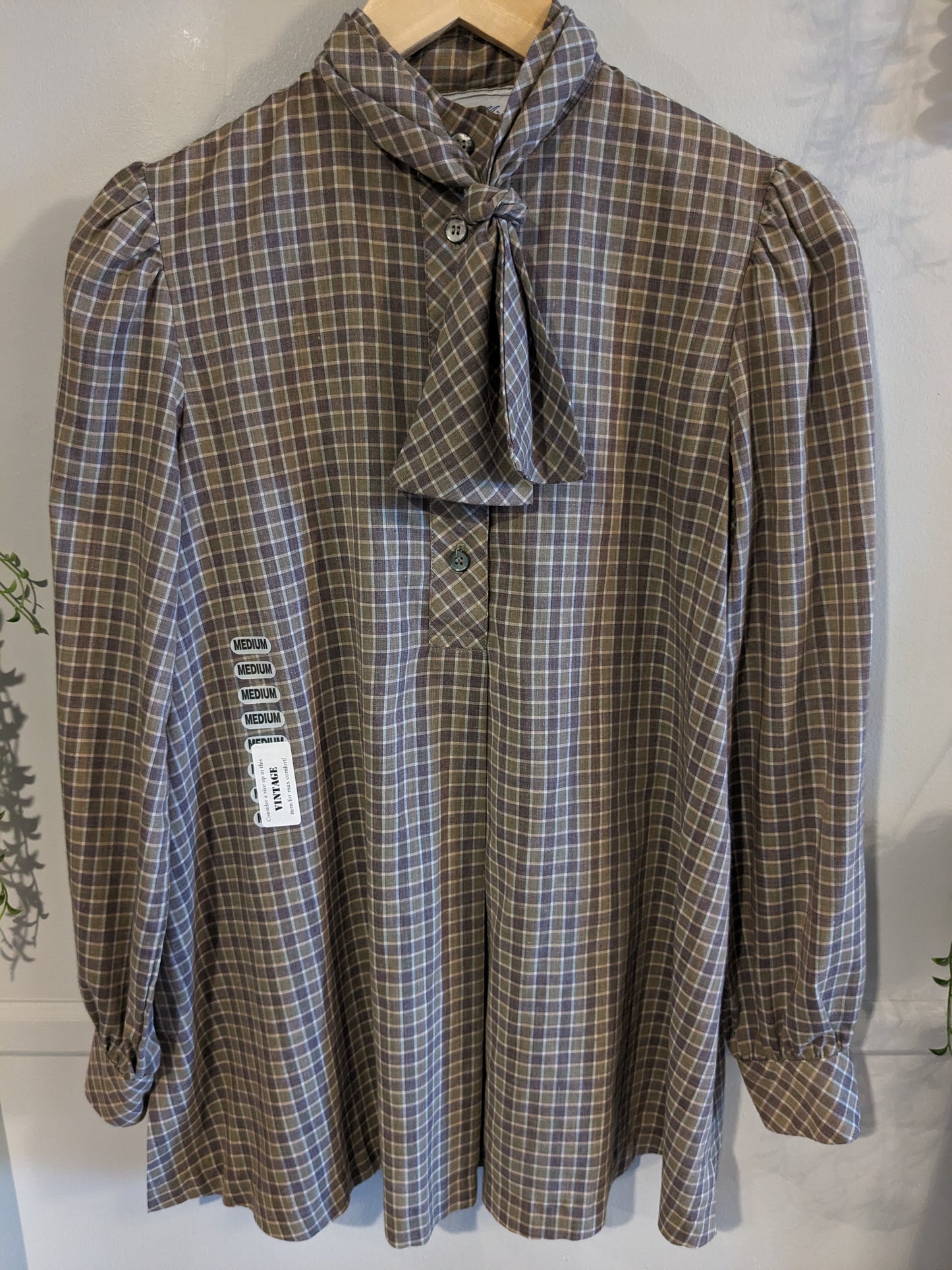 Quarter button tied neck LS blouse, Olive plaid