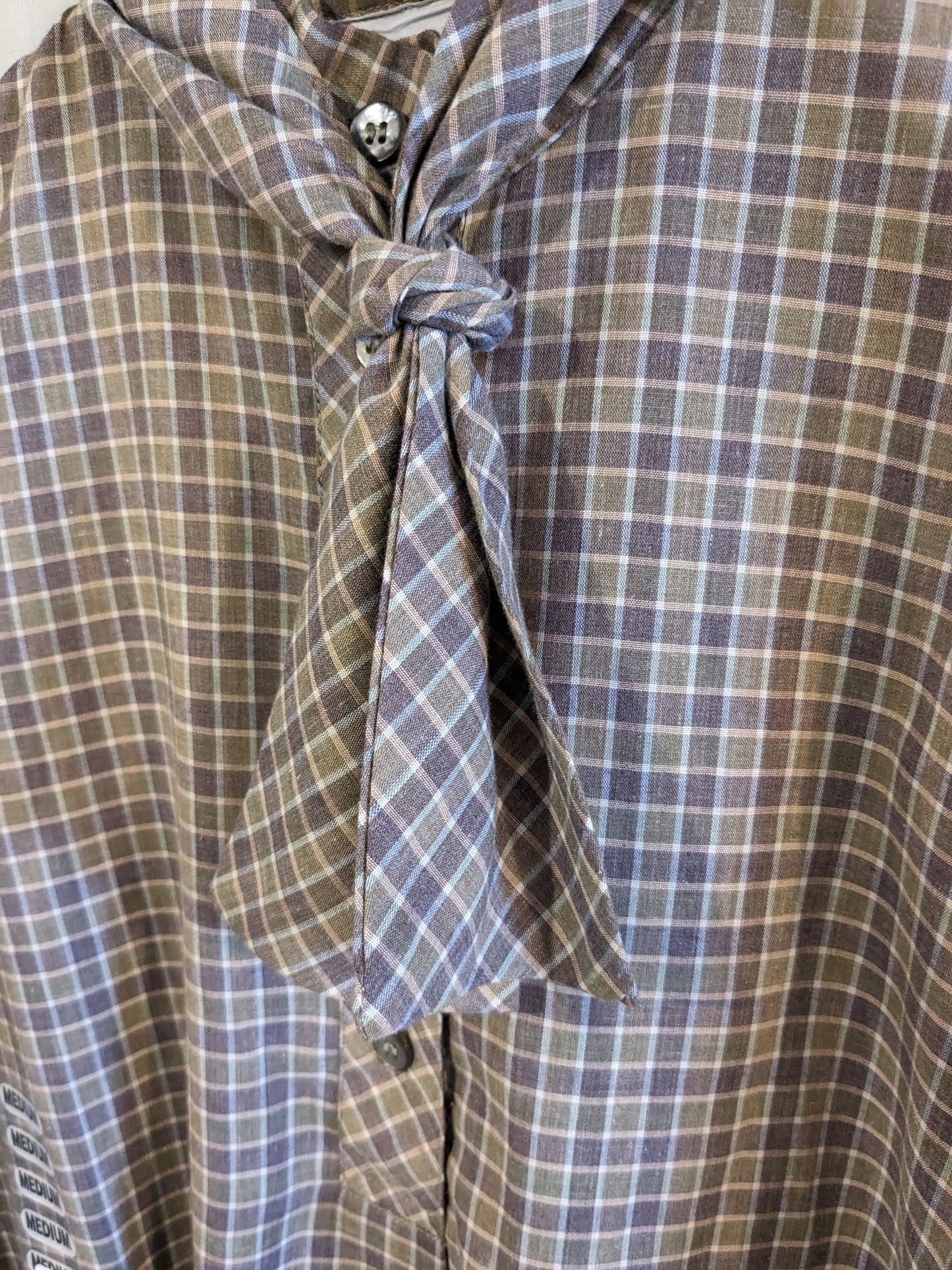 Quarter button tied neck LS blouse, Olive plaid