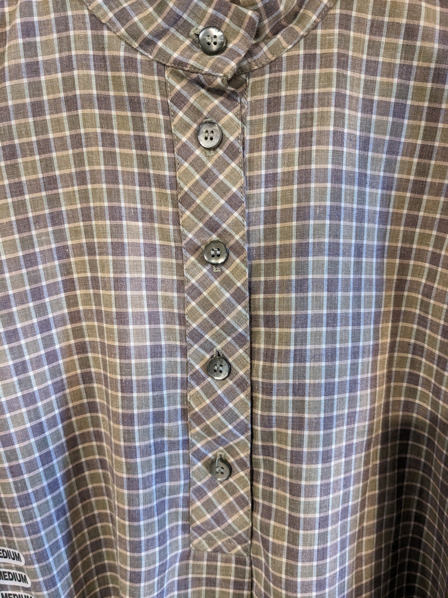 Quarter button tied neck LS blouse, Olive plaid