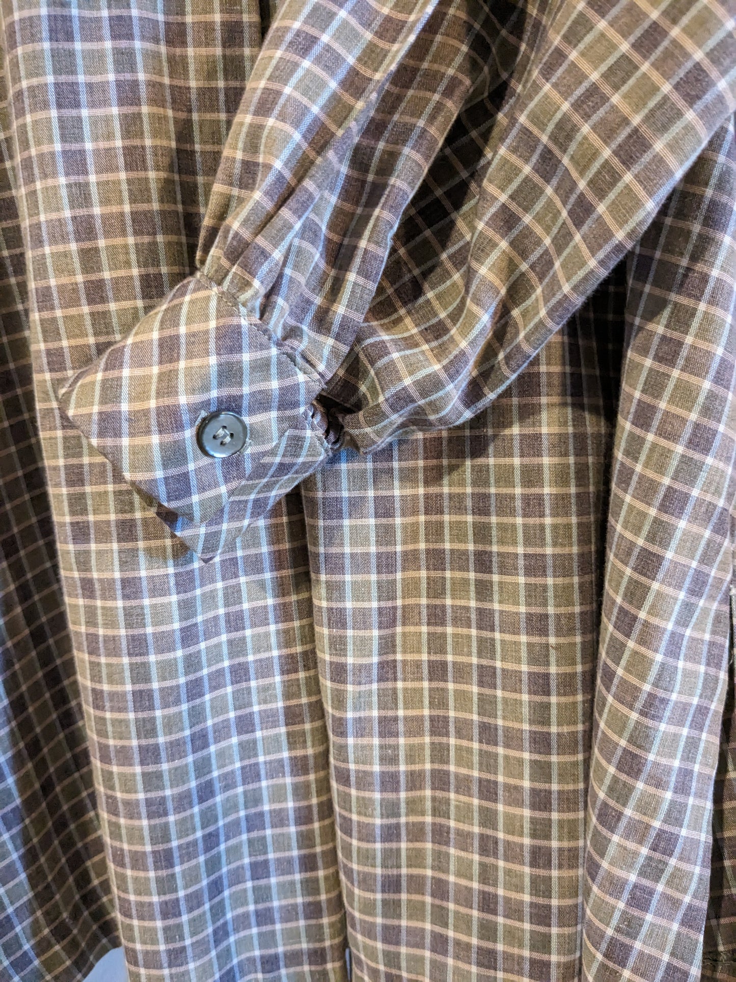 Quarter button tied neck LS blouse, Olive plaid