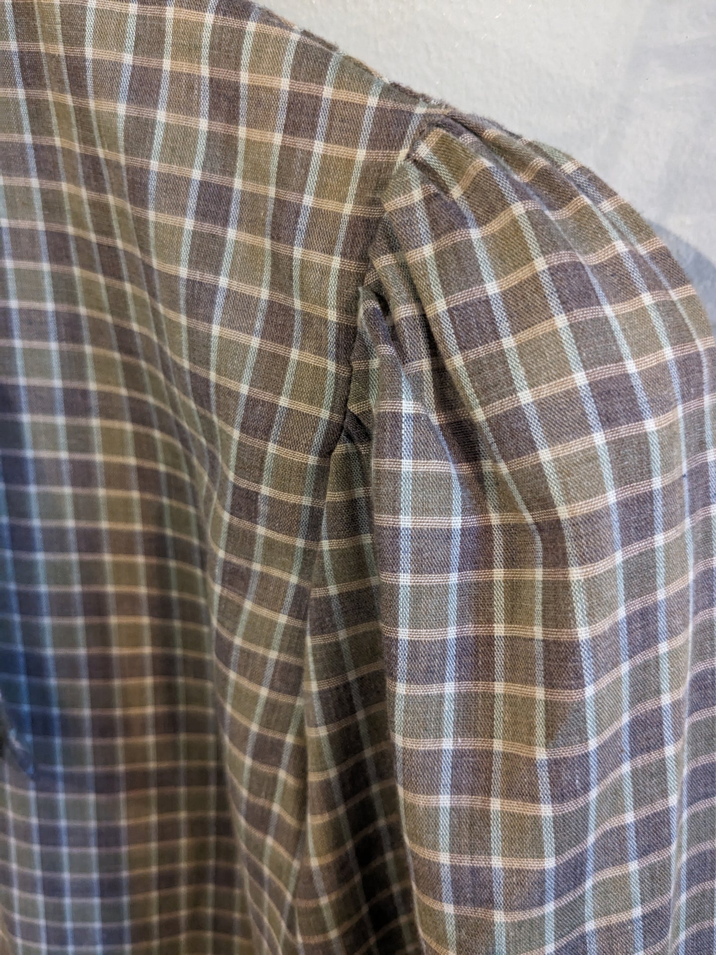 Quarter button tied neck LS blouse, Olive plaid