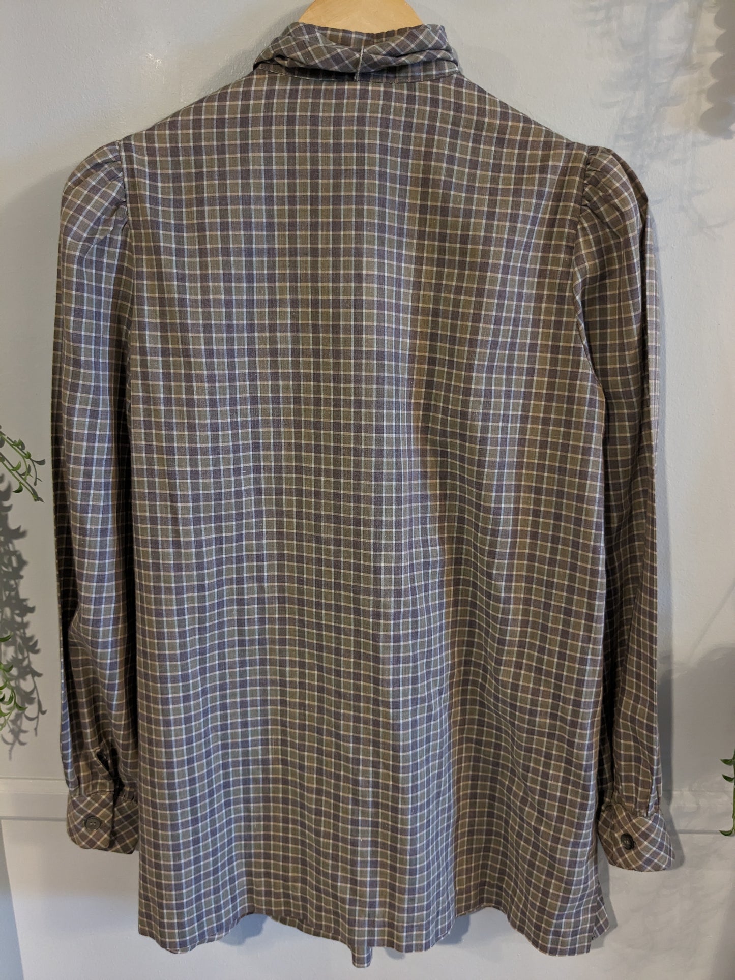 Quarter button tied neck LS blouse, Olive plaid