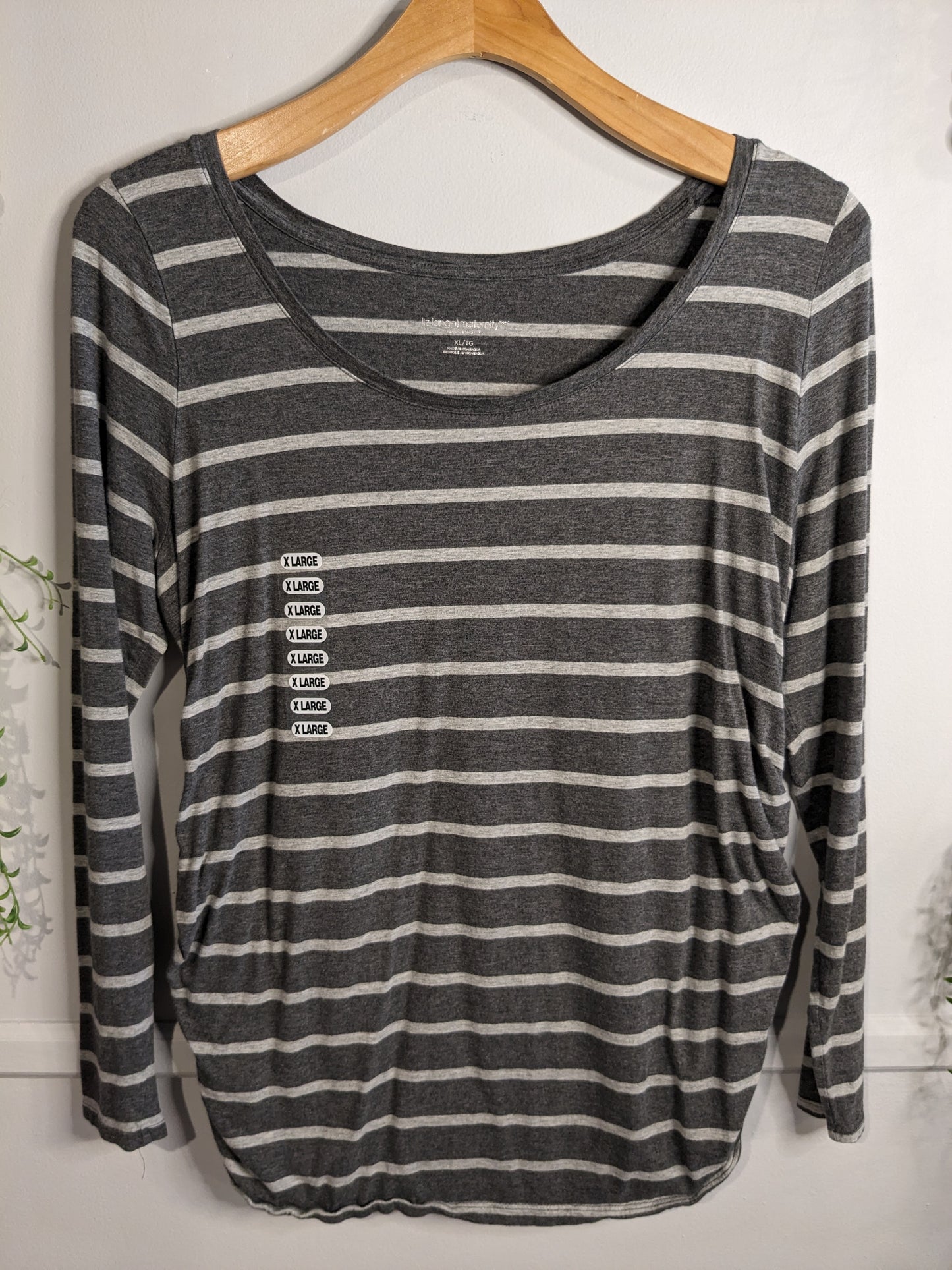 Striped round neck fitted LS tee, Dark grey