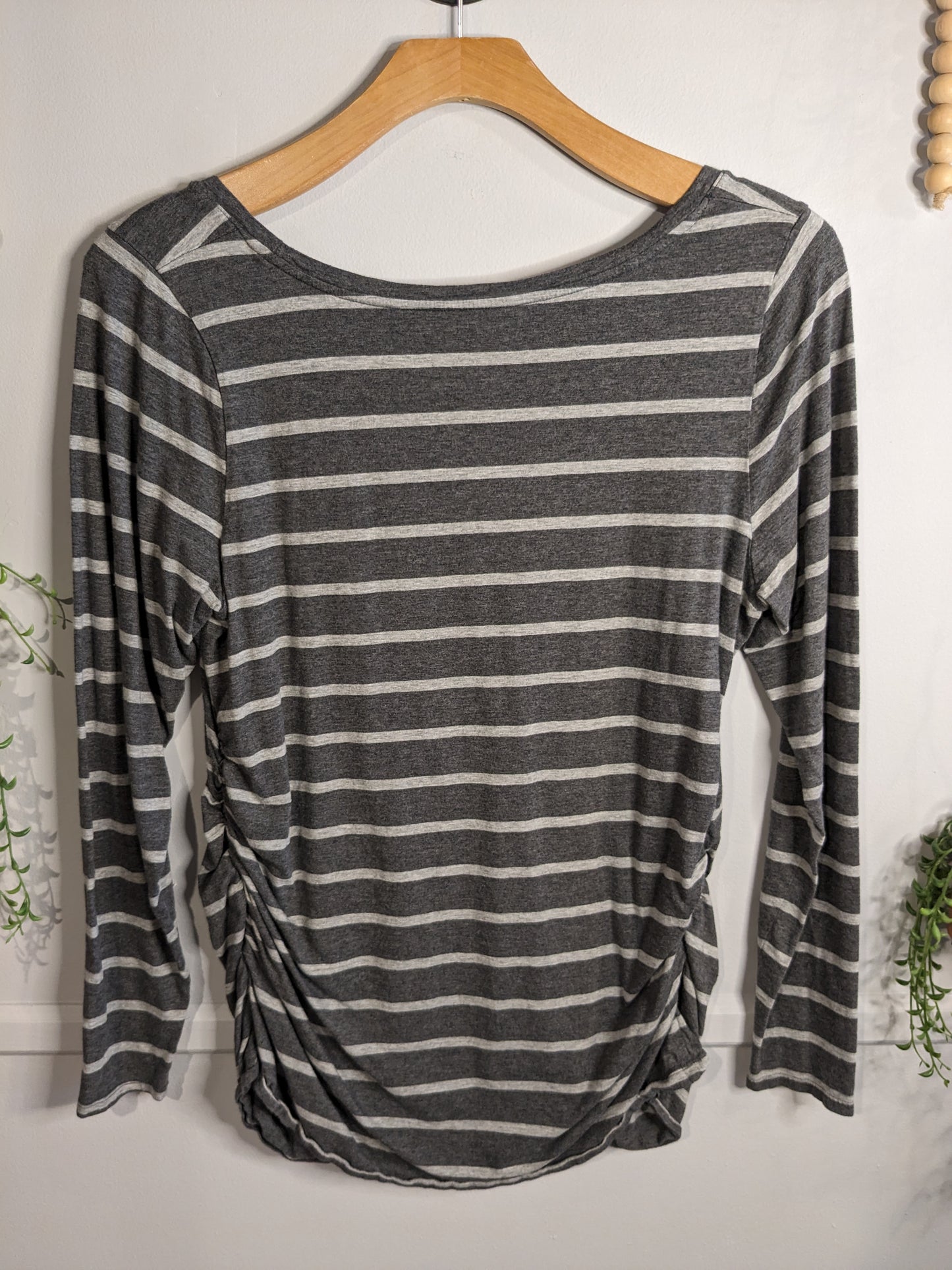 Striped round neck fitted LS tee, Dark grey