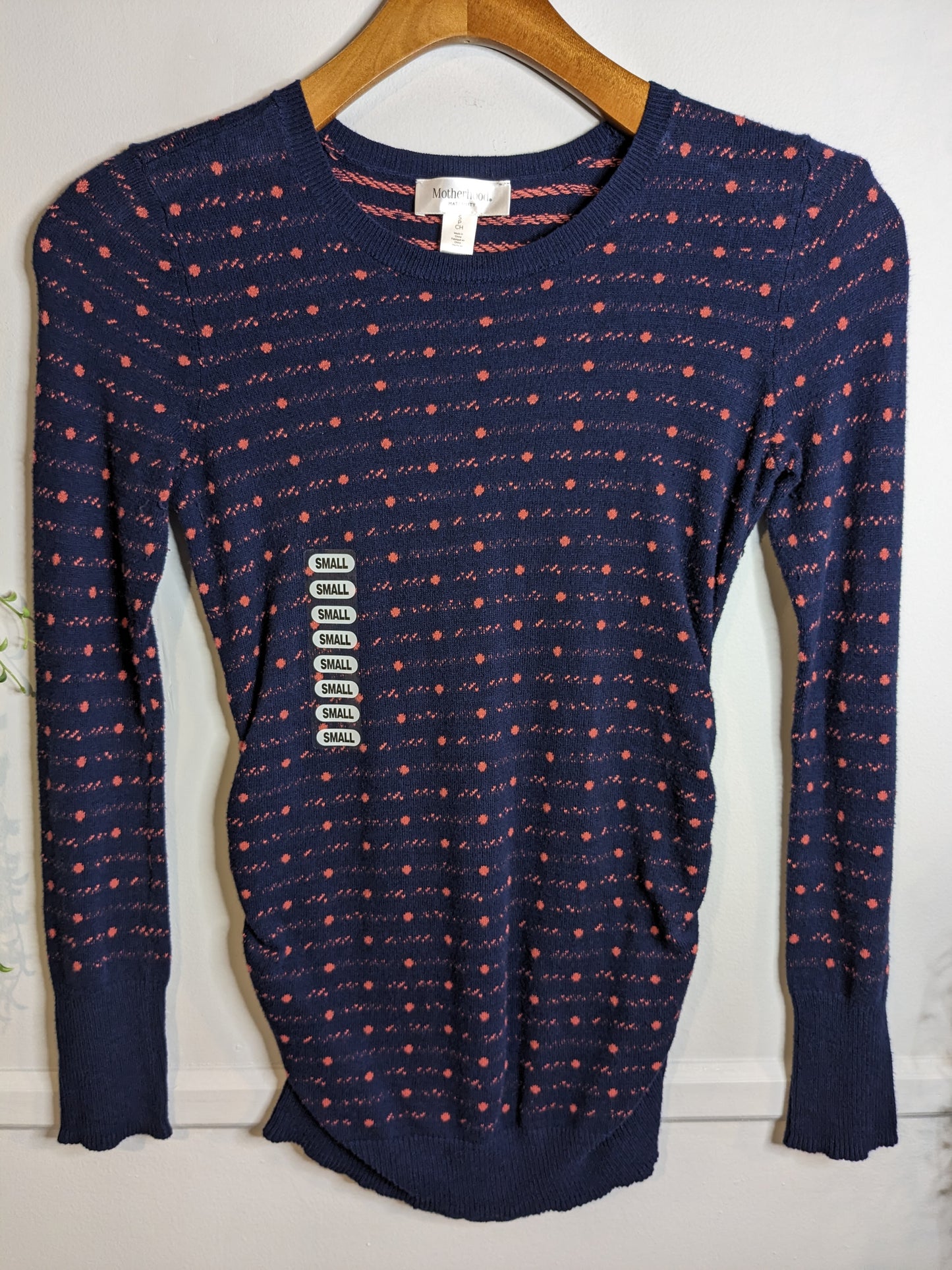 Long hem fitted lightweight LS sweater, Multi dots