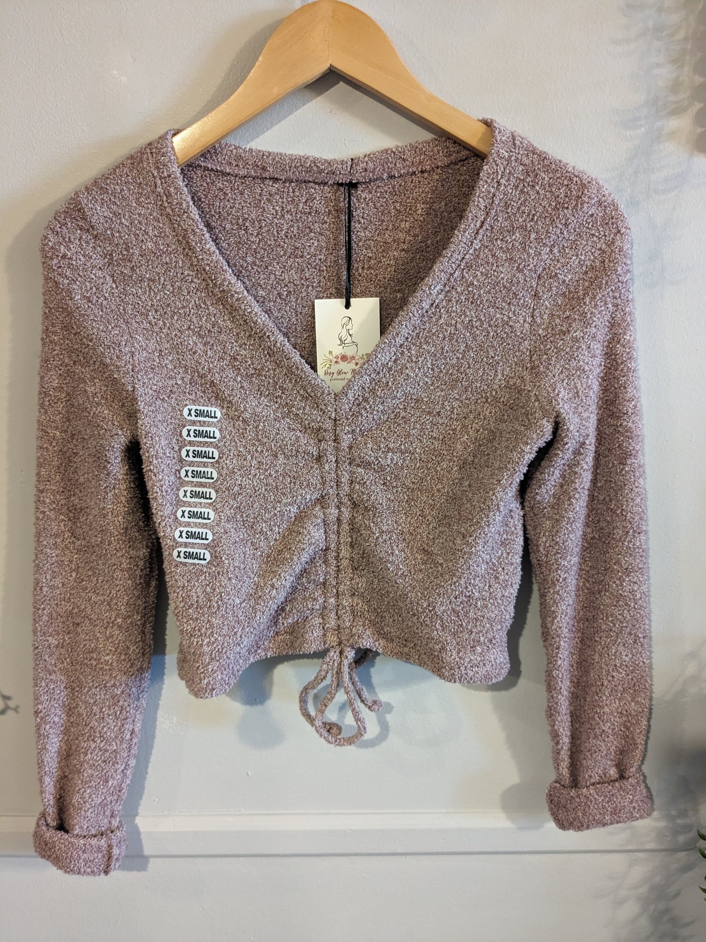 Cozy cinched front LS crop sweater, Mauve