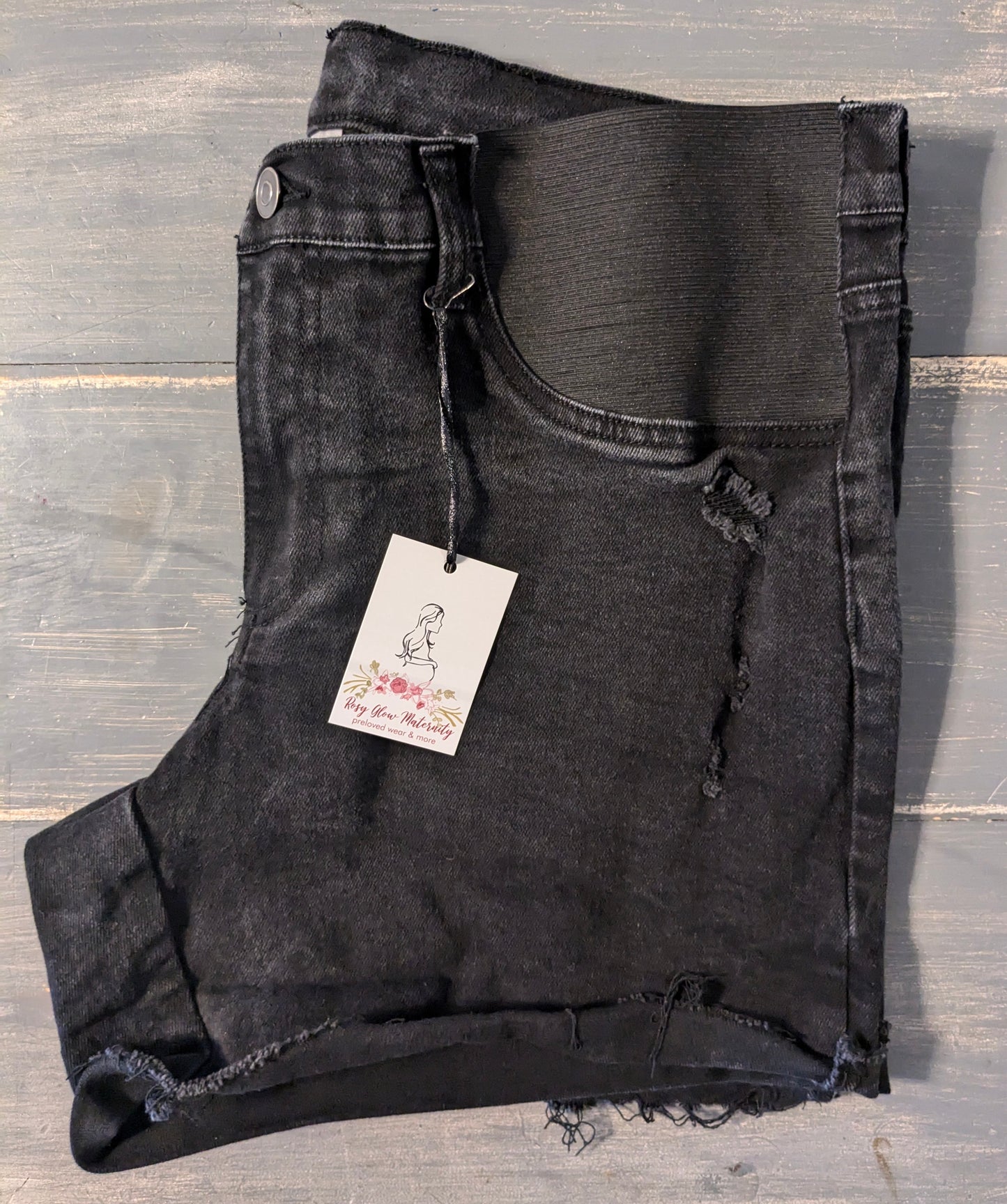 Side panels raw cuffed hem 5" denim shorts, Black wash