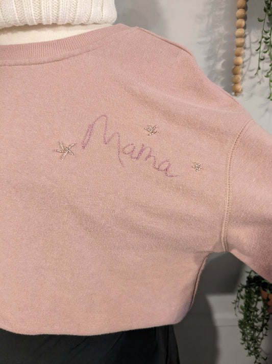 'MAMA' beaded hand-embroidered SS crew, Blush