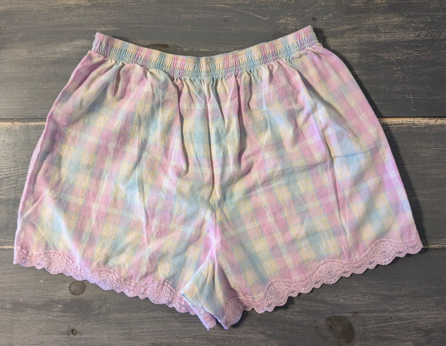 Cotton lace trim stretchy waist 3" lounge shorts, Pink plaid