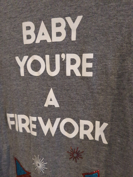 'Baby you're a firework' fitted SS graphic tee, Grey