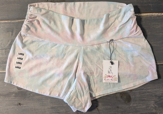 Ruched under-belly panel 3" lounge shorts, White tie-dye